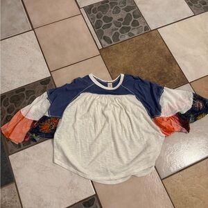 Free People Colorblock Flutter Sleeve Blouse - Blue, White & Orange